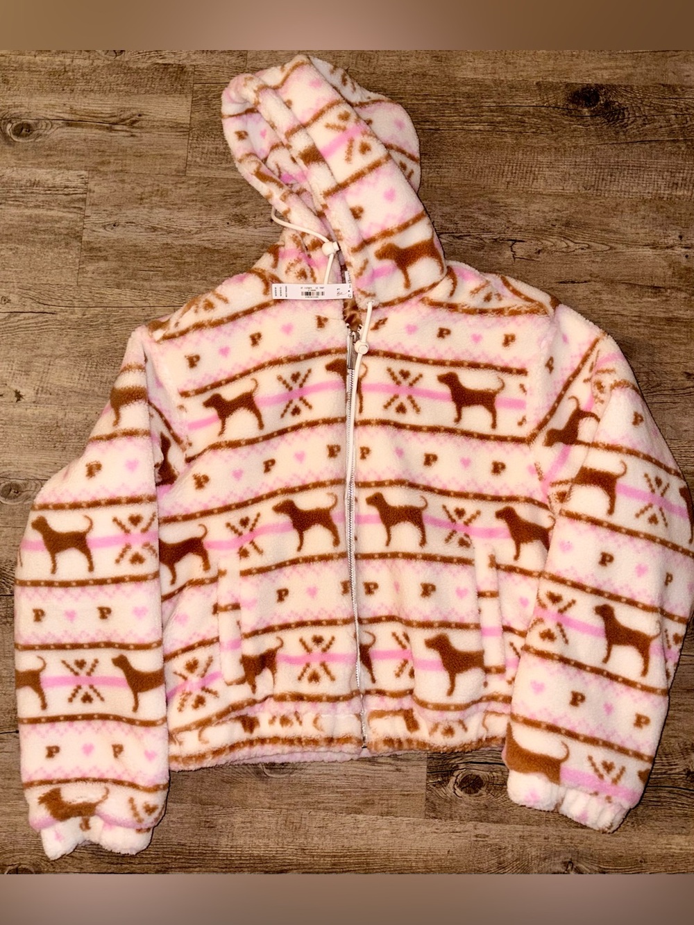 VS PINK Plush Teddy Hooded Bomber Jacket W/ Dog Pattern LARGE new